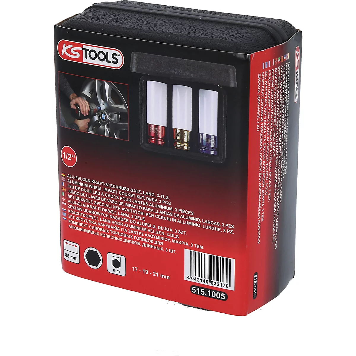 Schwarze Box mit KS TOOLS-Logo und drei farbigen Steckschlüsseln. Text mit technischen Daten und Produktbezeichnungen.